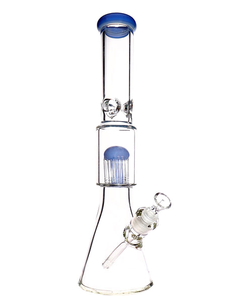 Clear glass water pipe beaker bong with tree percs, ice pinches, and milky color accents available for sale at High Roller Smoke in Lakewood, Colorado. 