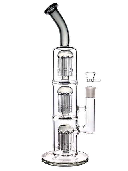 Glass straight tube with triple tree percs and a bent neck available for sale at High Roller Smoke in Lakewood, Colorado. 