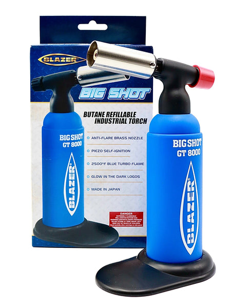 Blue Glazer Big Shot GT 8000 butane refillable industrial torch in color blue for sale at High Roller Smoke in Lakewood, Colorado. 