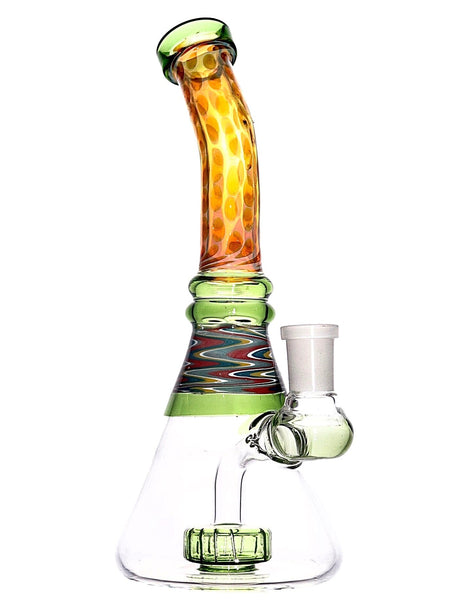 Glass dab rig with bubbletrap fuming and wig wag designs available for sale at High Roller Smoke in Lakewood, Colorado. 