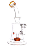 Front: Clear glass pyramid can water rig featuring color accents and a showerhead perc, available for sale at High Roller Smoke in Lakewood, Colorado. 