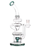 Clear glass recycler dab rig with a showerhead perc and color accents, available for sale at High Roller Smoke in Lakewood, Colorado. 
