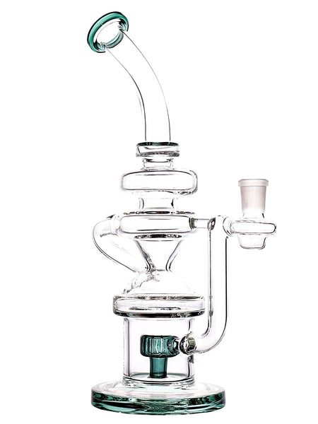 Clear glass recycler dab rig with a showerhead perc and color accents, available for sale at High Roller Smoke in Lakewood, Colorado. 