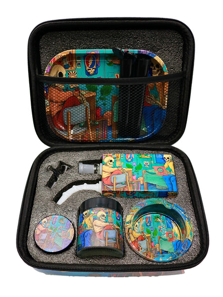 Grateful Dead themed dabbing kit, complete with glass rig, grinder, stash jar, ashtray, tray, and doob tubes, inside matching zipper case, for sale at High Roller Smoke in Lakewood, Colorado. 