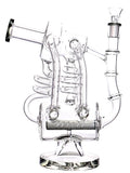 A dual chamber quad uptake double spiral drain glass piece with an inline perc available for sale at High Roller Smoke in Lakewood, Colorado. 