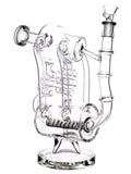 A dual chamber quad uptake double spiral drain glass piece with an inline perc available for sale at High Roller Smoke in Lakewood, Colorado. 