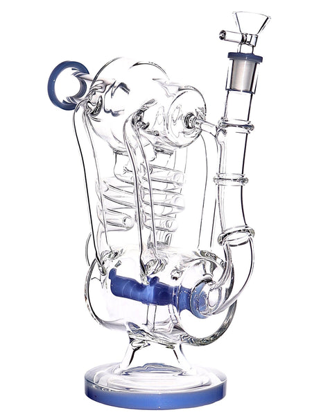 A dual chamber quad uptake double spiral drain glass piece with an inline perc available for sale at High Roller Smoke in Lakewood, Colorado. 