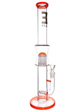 19 inch clear straight tube water pipe with tree percs, a streamline perc, and orange color accents 