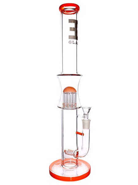 19 inch clear straight tube water pipe with tree percs, a streamline perc, and orange color accents 