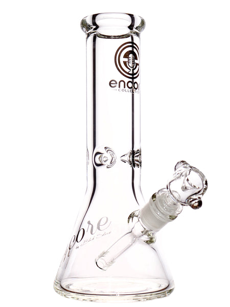 Encore Glass Clear 7mm thick beaker bong glass water pipe with encore logos on a white background