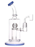 Glass water pipe with blue accents and 'encore' branding on a white background