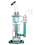 Glass dab rig pillar incycler water pipe with teal and clear design on a white background with Encore Glass Logos