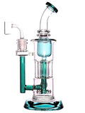 Glass water pipe dab rig pillar inycler  with blue and green colors on a white background by Encore Glass