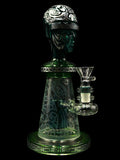 9 inch pyramid can glass rig water pipe with etched designs on body, head mouthpiece and 14mm bowl