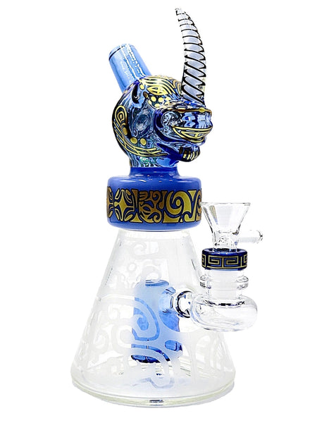 8.5 inch glass rig water pipe with etched designs on body and blue rhino head mouthpiece 