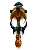 6 inch heady glass hand pipe with horn-like adornments and a front carb, for sale at High Roller Smoke in Lakewood, Colorado. Top View. 