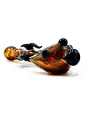 6 inch heady glass hand pipe with horn-like adornments and a front carb, for sale at High Roller Smoke in Lakewood, Colorado. Top View. Front Side View.