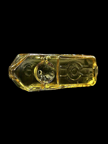 Clear glass pipe with engraved Colorado designs on a black background by Kuhns Glass 