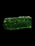 Green heady glass hand pipe by American artist Kuhns Glass with engraved Rocky Mountain range on one side