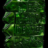 Green heady glass hand pipe by American artist Kuhns Glass with engraved Colorado depictions on all four sides 