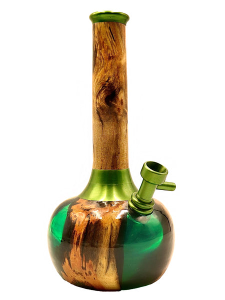Green metal bong with wooden accents and a metal bowl slide available for sale at High Roller Smoke in Colorado