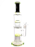 Double chamber with 13-arm tree percs straight tube with slime green color accents available for sale at High Roller Smoke in Lakewood, Colorado. 