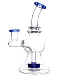 Left: Clear mini ball rig glass water pipe featuring a showerhead perc, available for sale at High Roller Smoke in Lakewood, Colorado. 