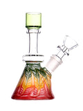 Mini glass water beaker bong with rasta wrap-n-rake tubing available for sale at High Roller Smoke in Lakewood, Colorado. 