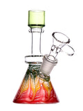 Mini glass water beaker bong with rasta wrap-n-rake tubing available for sale at High Roller Smoke in Lakewood, Colorado. 