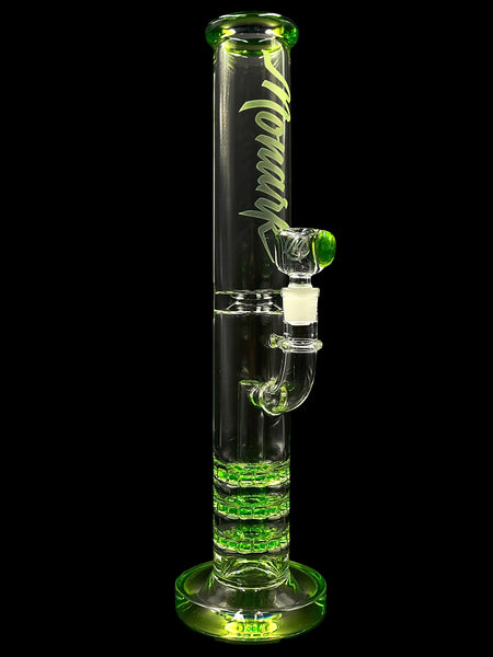 15 inch Monark Glass slime green straight tube water pipe with triple ratchet percs, available for sale at High Roller Smoke in Lakewood, Colorado. 