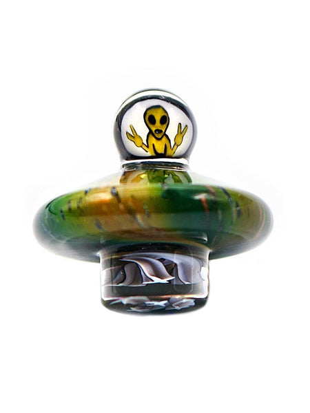 Space glass spinner cap with alien holding up peace signs made by American artist Nathan N8 Miers