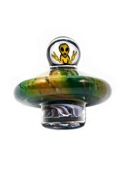 Space glass spinner cap with alien holding up peace signs made by American artist Nathan N8 Miers