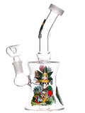 Clear glass water pipe rig with Rick and Morty decals available for sale at High Roller Smoke in Lakewood, Colorado. 