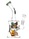 Clear glass water pipe rig with Rick and Morty decals available for sale at High Roller Smoke in Lakewood, Colorado. 
