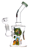 Clear glass water pipe rig with Rick and Morty decals available for sale at High Roller Smoke in Lakewood, Colorado. 