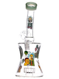 Clear glass water pipe rig with Rick and Morty decals available for sale at High Roller Smoke in Lakewood, Colorado. 