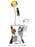 Clear glass water pipe rig with Rick and Morty decals available for sale at High Roller Smoke in Lakewood, Colorado. 