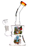 Clear glass water pipe rig with Rick and Morty decals available for sale at High Roller Smoke in Lakewood, Colorado. 