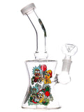 Clear glass water pipe rig with Rick and Morty decals available for sale at High Roller Smoke in Lakewood, Colorado. 