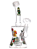 Clear glass water pipe rig with Rick and Morty decals available for sale at High Roller Smoke in Lakewood, Colorado. 