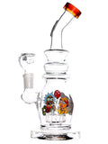 Clear glass water dab rig with Rick and Morty character decals available for sale at High Roller Smoke in Lakewood, Colorado. 