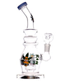 Clear glass water dab rig with Rick and Morty character decals available for sale at High Roller Smoke in Lakewood, Colorado. 