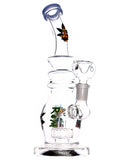 Clear glass water dab rig with Rick and Morty character decals available for sale at High Roller Smoke in Lakewood, Colorado. 