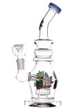 Clear glass water dab rig with Rick and Morty character decals available for sale at High Roller Smoke in Lakewood, Colorado. 