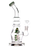 Clear glass water dab rig with Rick and Morty character decals available for sale at High Roller Smoke in Lakewood, Colorado. 