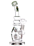 Clear glass water dab rig with Rick and Morty character decals available for sale at High Roller Smoke in Lakewood, Colorado. 