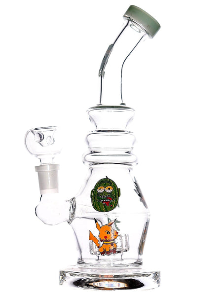 Clear glass water dab rig with Rick and Morty character decals available for sale at High Roller Smoke in Lakewood, Colorado. 