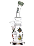 Clear glass water dab rig with Rick and Morty character decals available for sale at High Roller Smoke in Lakewood, Colorado. 