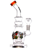 Clear glass water dab rig with Rick and Morty character decals available for sale at High Roller Smoke in Lakewood, Colorado. 
