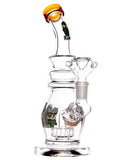 Clear glass water dab rig with Rick and Morty character decals available for sale at High Roller Smoke in Lakewood, Colorado. 